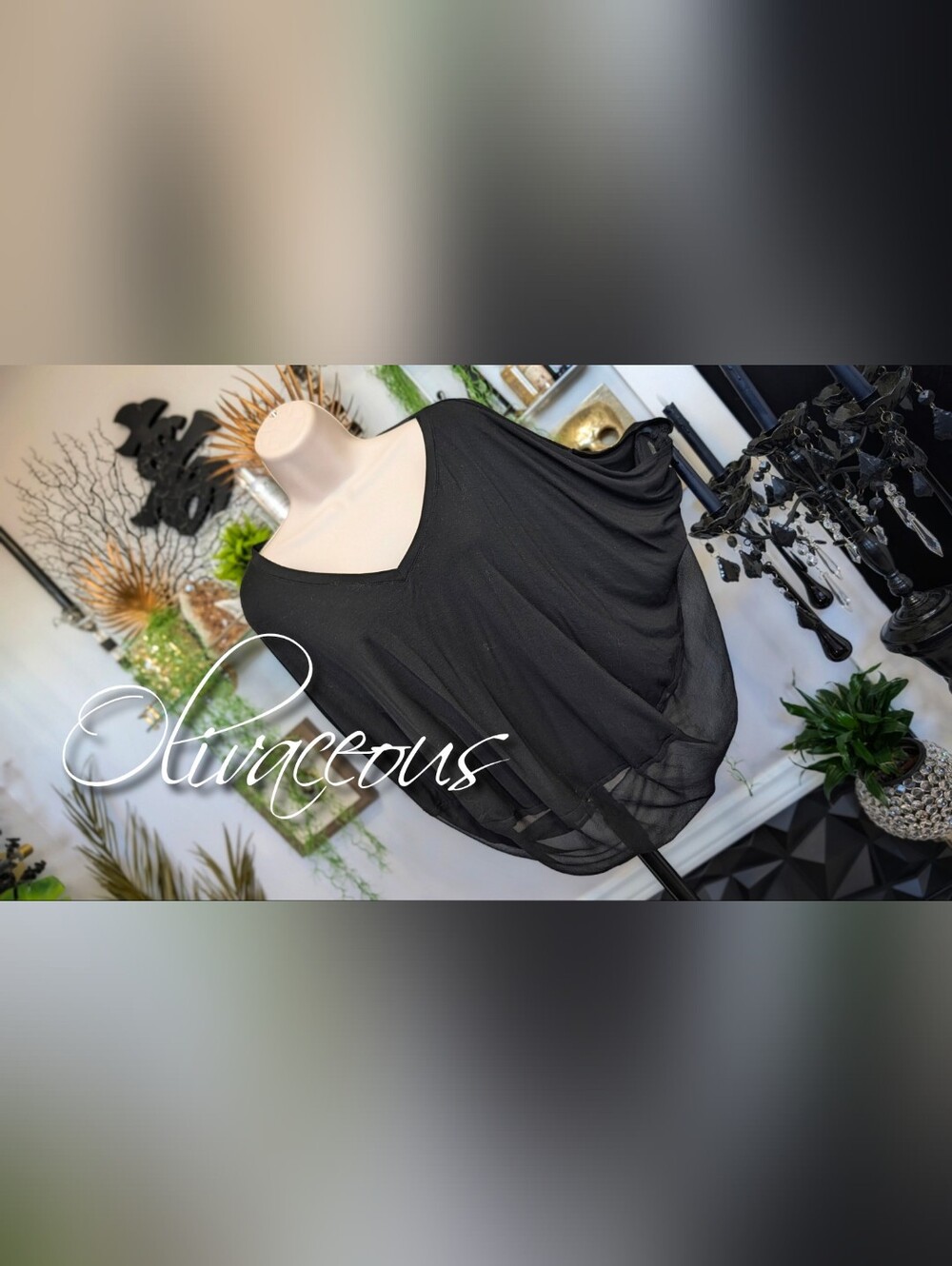 Olivaceous Black Batwing Silk Blouse Sheer Top MD